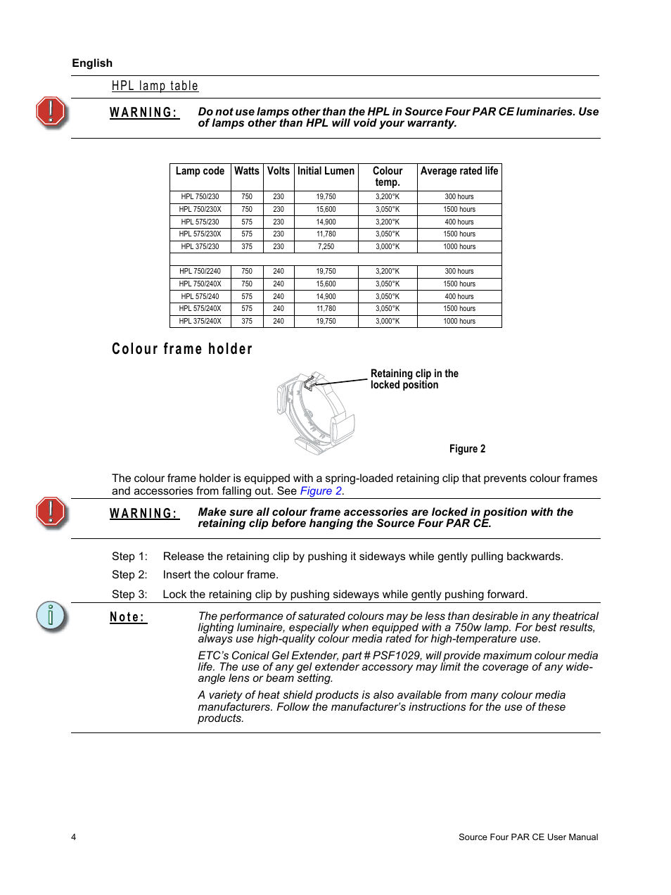 Colour frame holder, Hpl lamp table, N o t e | ETC Source Four PAR CE User Manual | Page 6 / 12