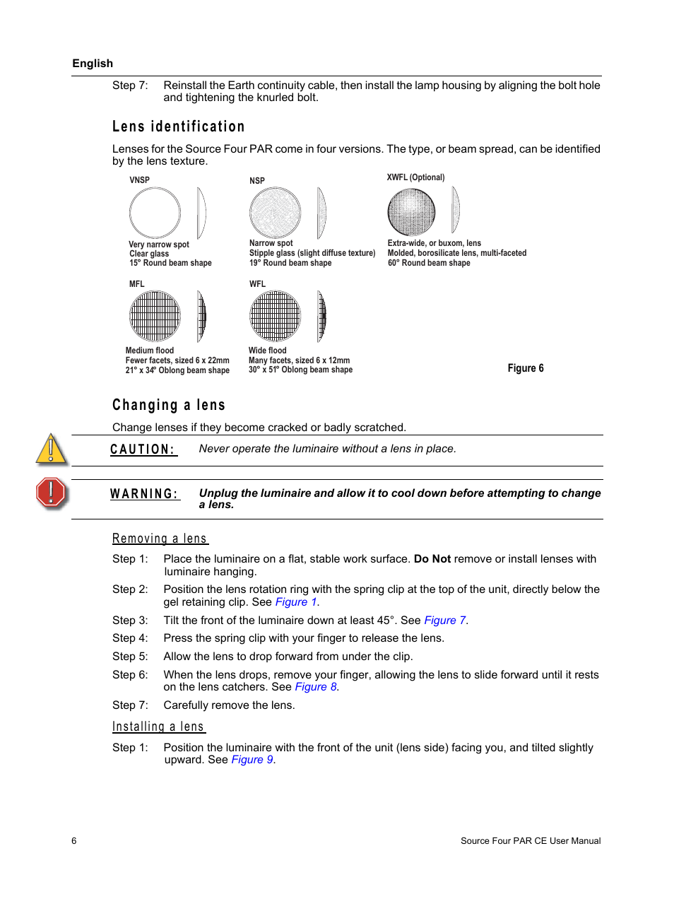 Lens identification, Changing a lens, Lens identification changing a lens | Removing a lens, Installing a lens | ETC Source Four PAR CE User Manual | Page 8 / 12