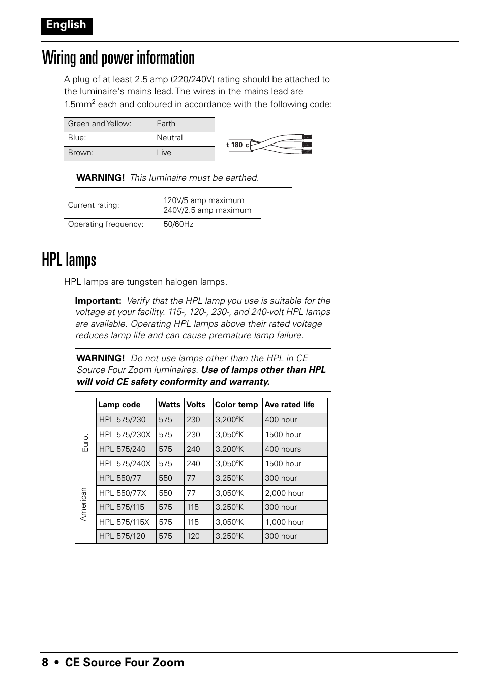 Wiring and power information, Hpl lamps, 8 • ce source four zoom english | ETC Source Four CE Zoom User Manual | Page 10 / 52