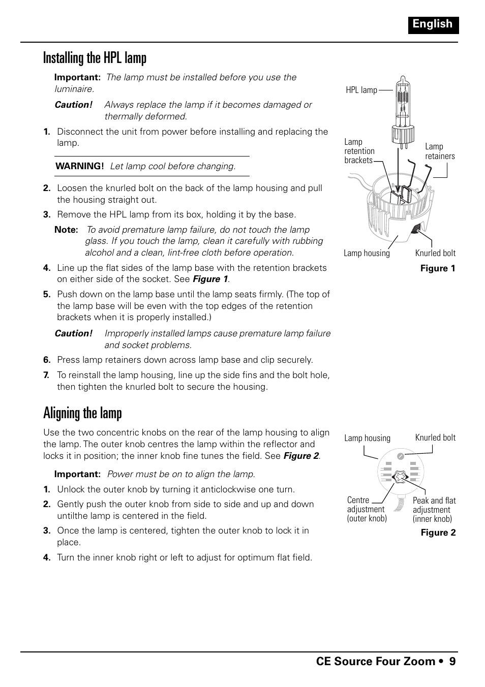 Installing the hpl lamp, Aligning the lamp | ETC Source Four CE Zoom User Manual | Page 11 / 52