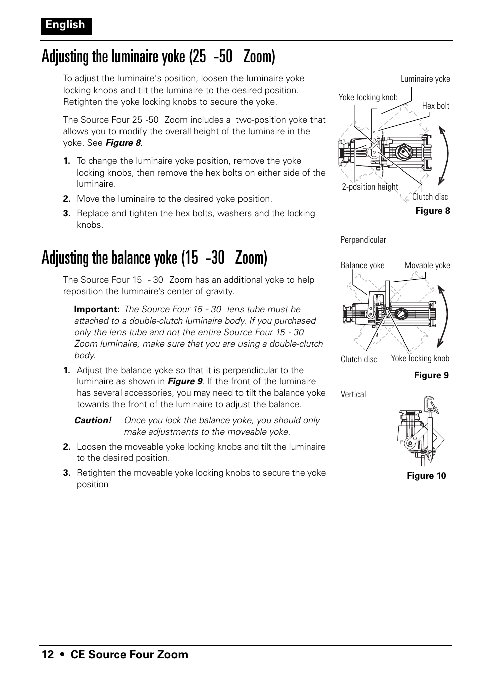 Adjusting the luminaire yoke (25 ° -50 ° zoom), Adjusting the balance yoke (15 ° -30 ° zoom) | ETC Source Four CE Zoom User Manual | Page 14 / 52