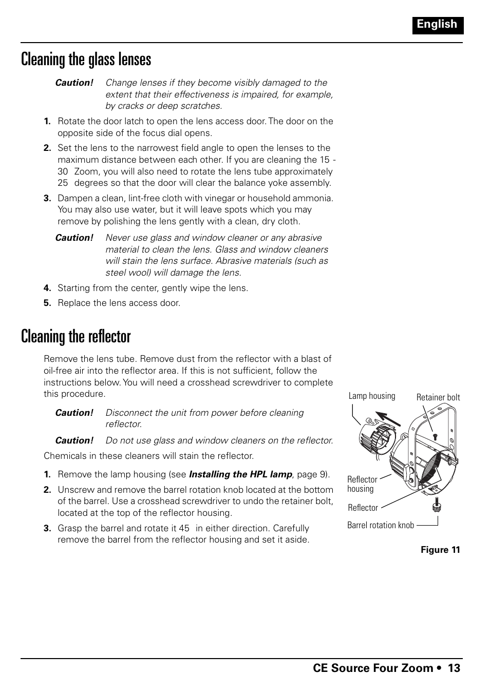 Cleaning the glass lenses, Cleaning the reflector | ETC Source Four CE Zoom User Manual | Page 15 / 52