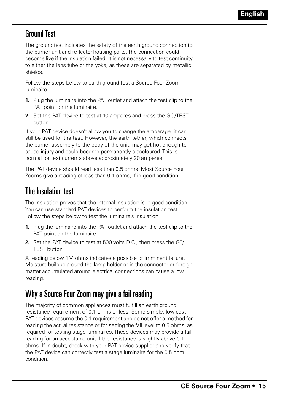 Ground test, The insulation test, Why a source four zoom may give a fail reading | ETC Source Four CE Zoom User Manual | Page 17 / 52