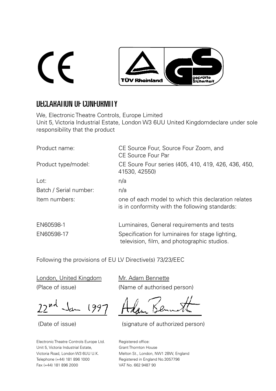 Declaration of conformity | ETC Source Four CE Zoom User Manual | Page 2 / 52