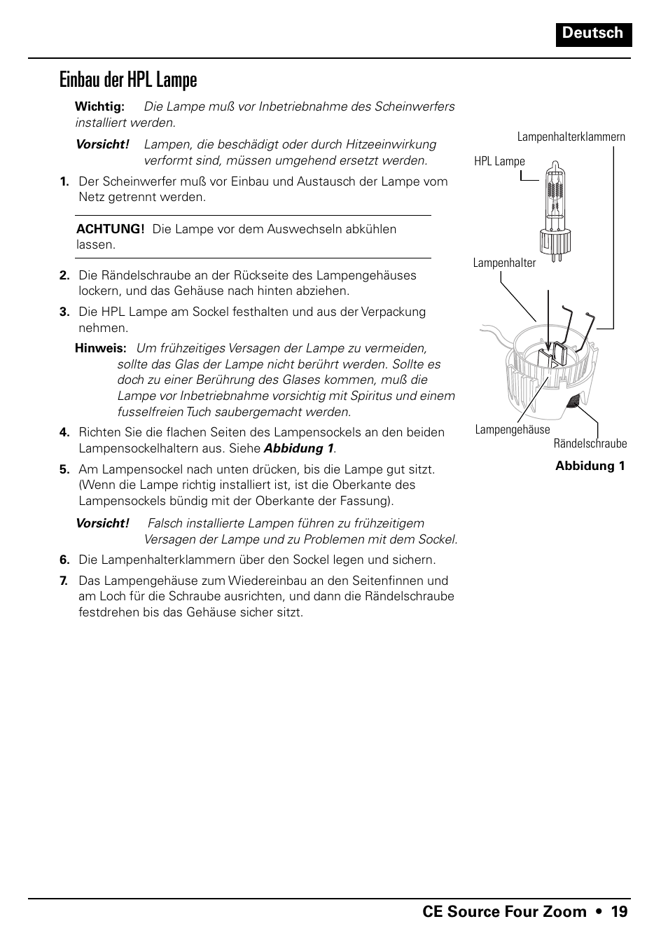 Einbau der hpl lampe | ETC Source Four CE Zoom User Manual | Page 21 / 52