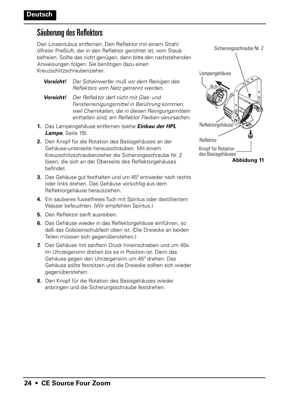 Säuberung des reflektors | ETC Source Four CE Zoom User Manual | Page 26 / 52