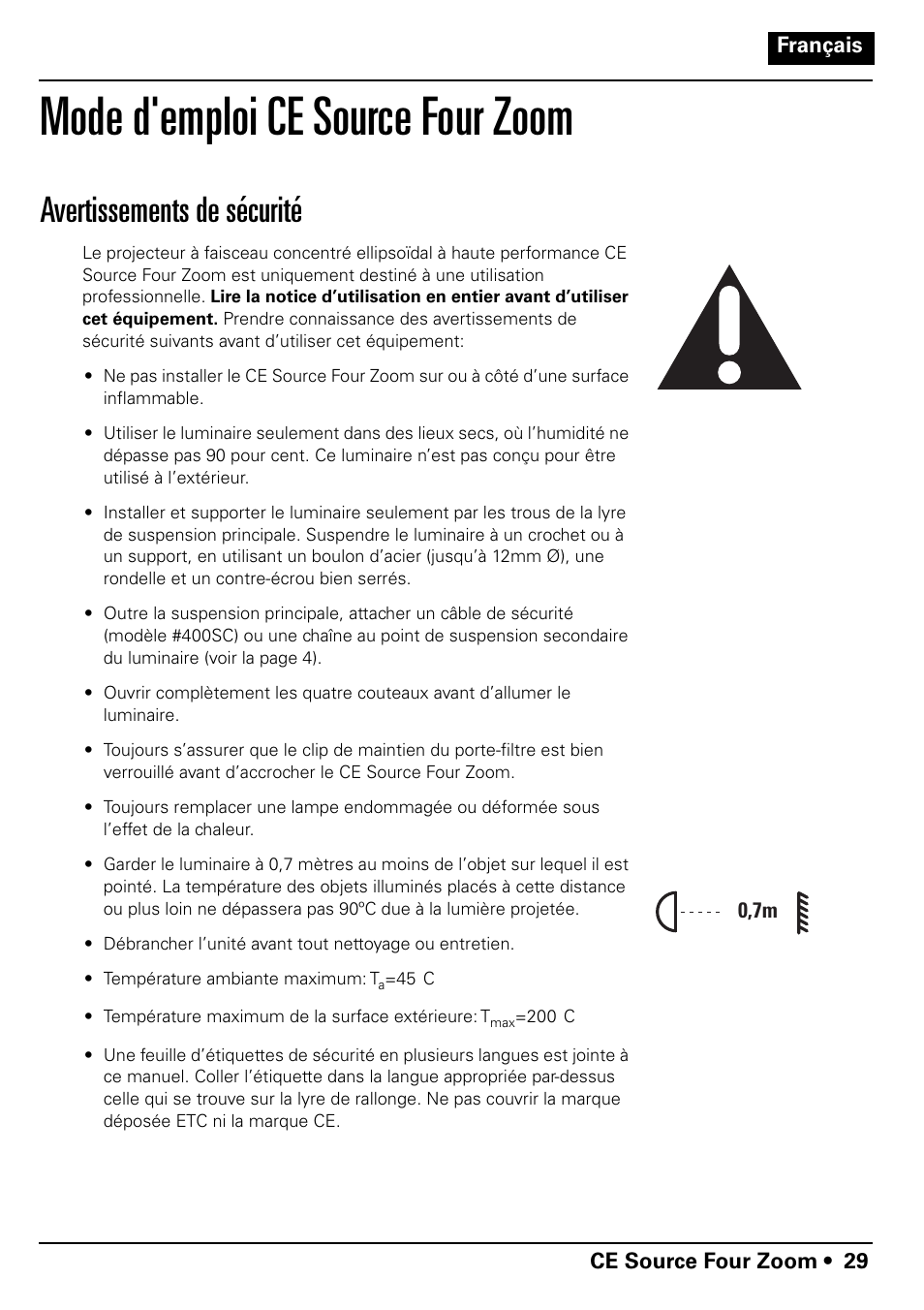 Mode d'emploi ce source four zoom, Avertissements de sécurité | ETC Source Four CE Zoom User Manual | Page 31 / 52