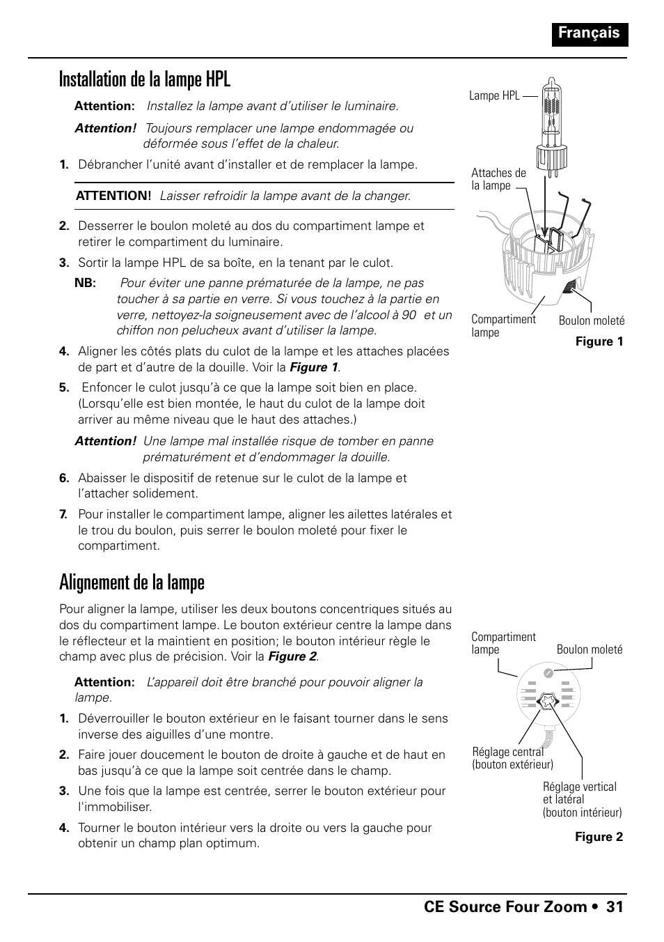 Installation de la lampe hpl, Alignement de la lampe | ETC Source Four CE Zoom User Manual | Page 33 / 52
