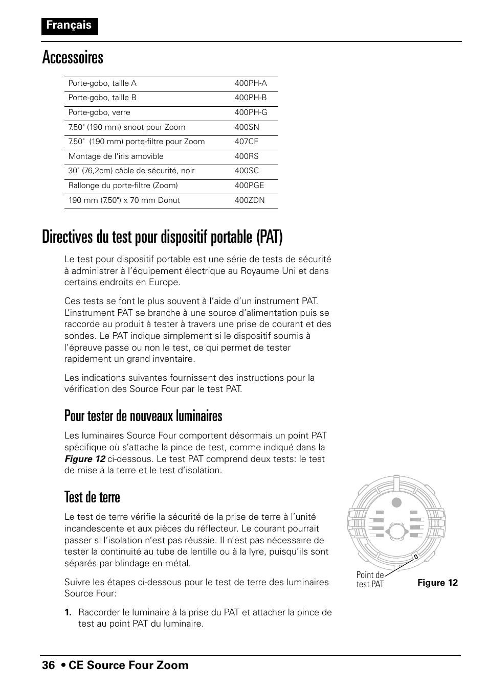 Pour tester de nouveaux luminaires, Test de terre, 36 • ce source four zoom français | ETC Source Four CE Zoom User Manual | Page 38 / 52