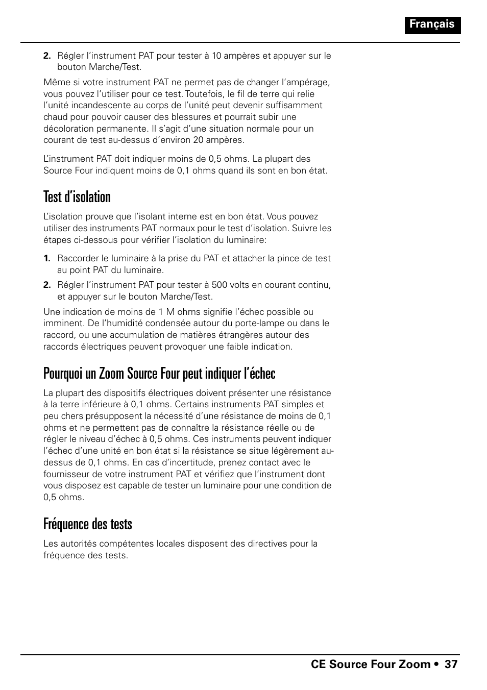 Test d’isolation, Pourquoi un zoom source four peut indiquer l’échec, Fréquence des tests | ETC Source Four CE Zoom User Manual | Page 39 / 52