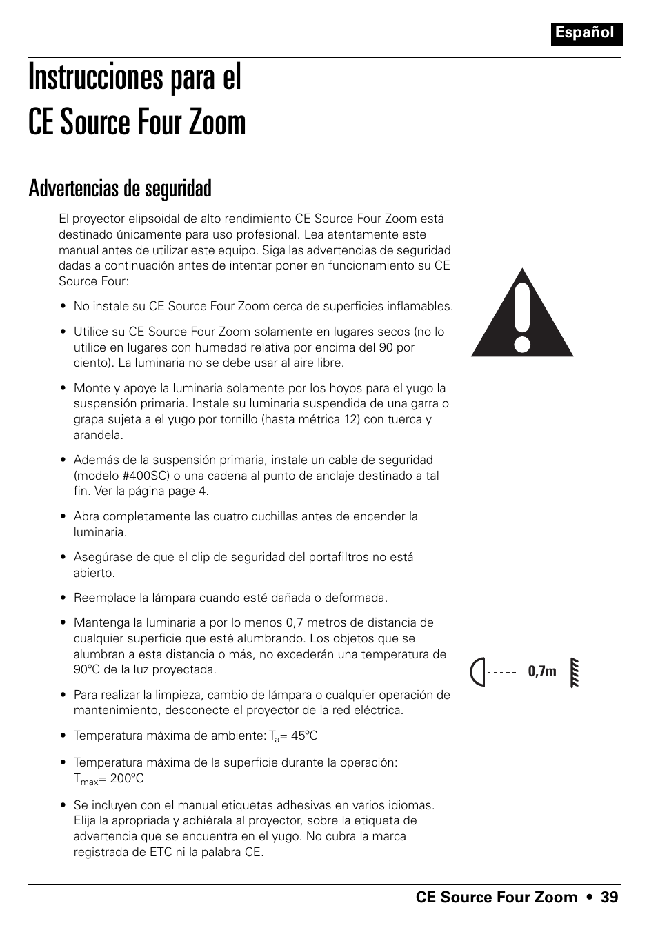 Instrucciones para el ce source four zoom, Advertencias de seguridad | ETC Source Four CE Zoom User Manual | Page 41 / 52