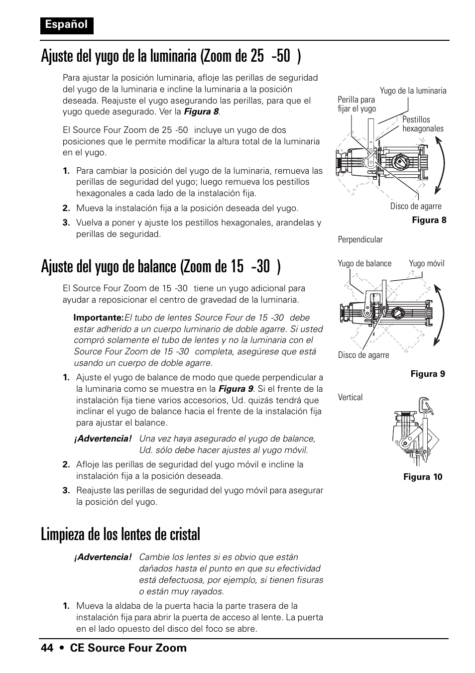 Ajuste del yugo de balance (zoom de 15 ° -30 ° ), Limpieza de los lentes de cristal | ETC Source Four CE Zoom User Manual | Page 46 / 52
