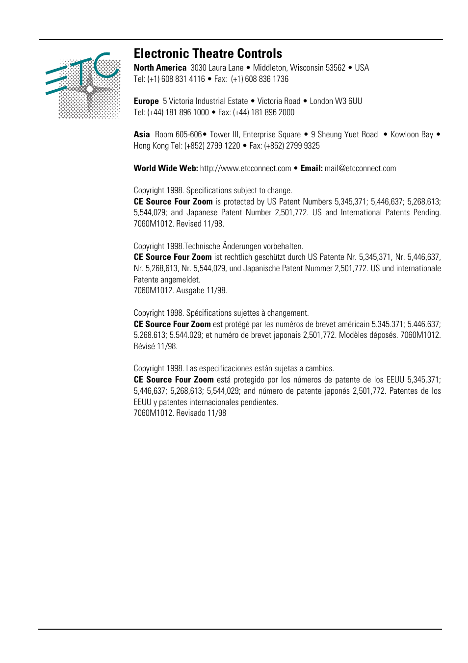 Electronic theatre controls | ETC Source Four CE Zoom User Manual | Page 52 / 52
