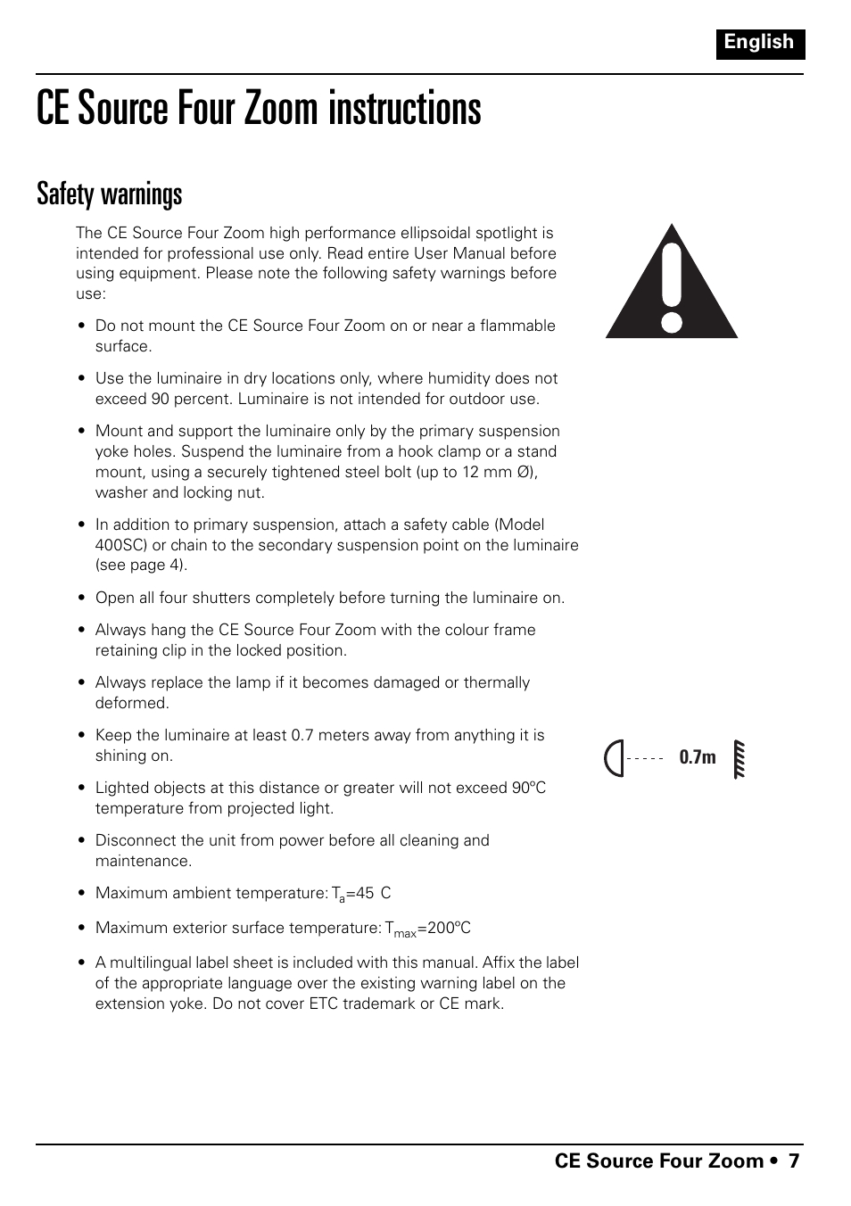 Ce source four zoom instructions, Safety warnings | ETC Source Four CE Zoom User Manual | Page 9 / 52