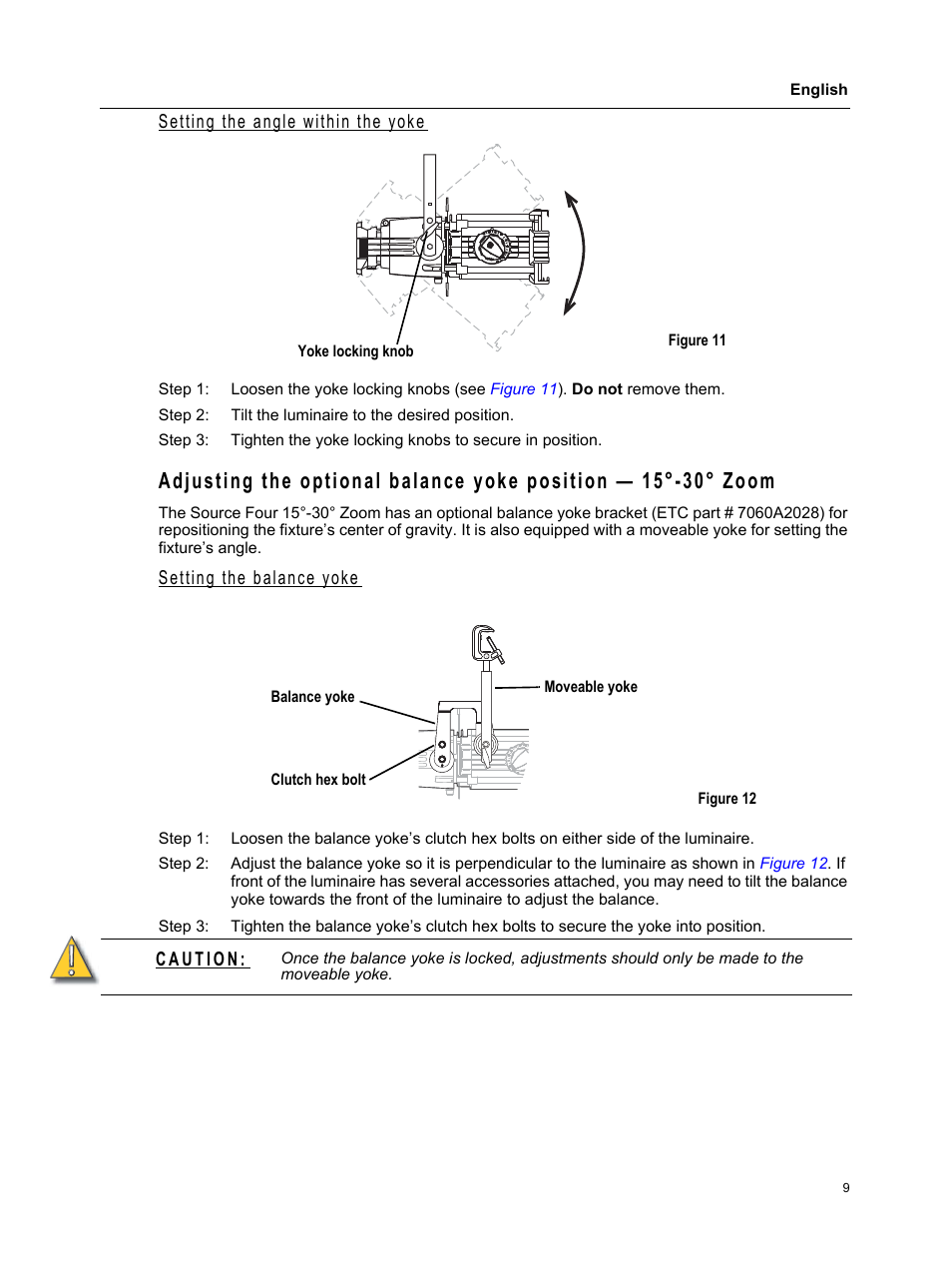 Setting the angle within the yoke, Setting the balance yoke | ETC Source Four CE Zoom User Manual | Page 11 / 16