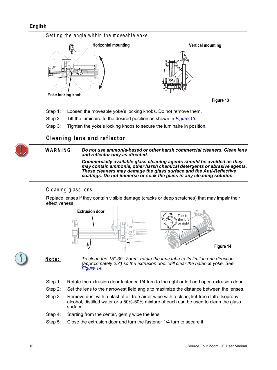 Cleaning lens and reflector, Setting the angle within the moveable yoke, Cleaning glass lens | N o t e | ETC Source Four CE Zoom User Manual | Page 12 / 16