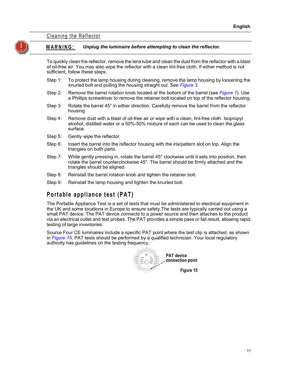 Portable appliance test (pat), Cleaning the reflector | ETC Source Four CE Zoom User Manual | Page 13 / 16