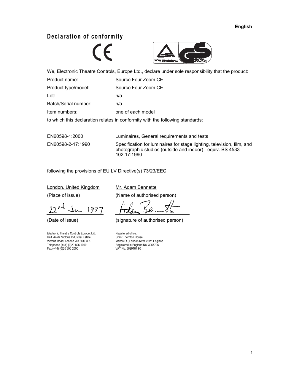 Declaration of conformity | ETC Source Four CE Zoom User Manual | Page 3 / 16