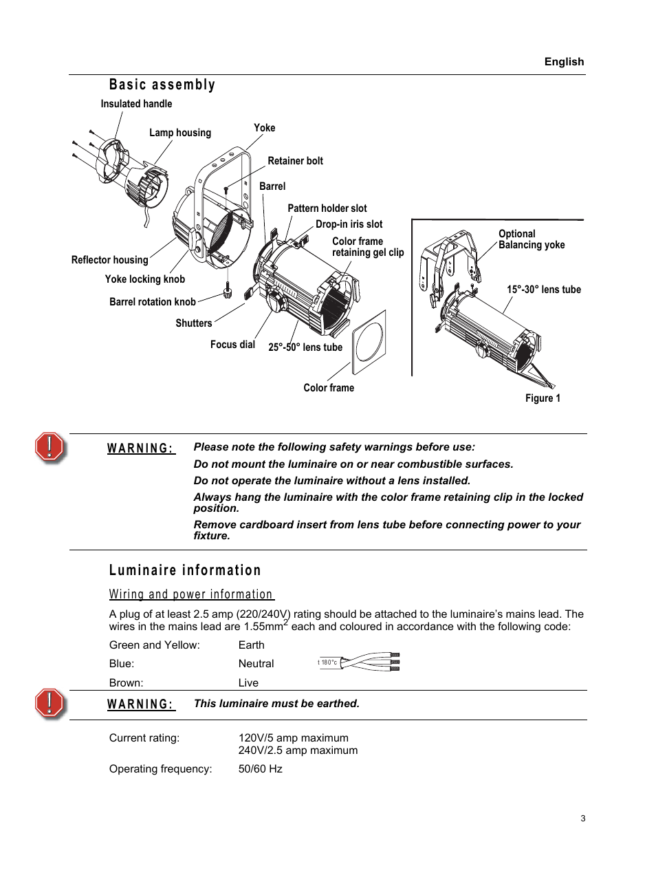 Basic assembly, Luminaire information, Basic assembly luminaire information | Wiring and power information | ETC Source Four CE Zoom User Manual | Page 5 / 16