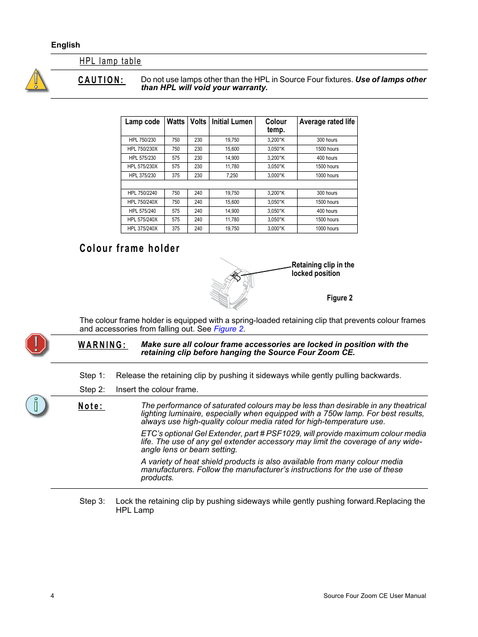 Colour frame holder, Hpl lamp table, N o t e | ETC Source Four CE Zoom User Manual | Page 6 / 16