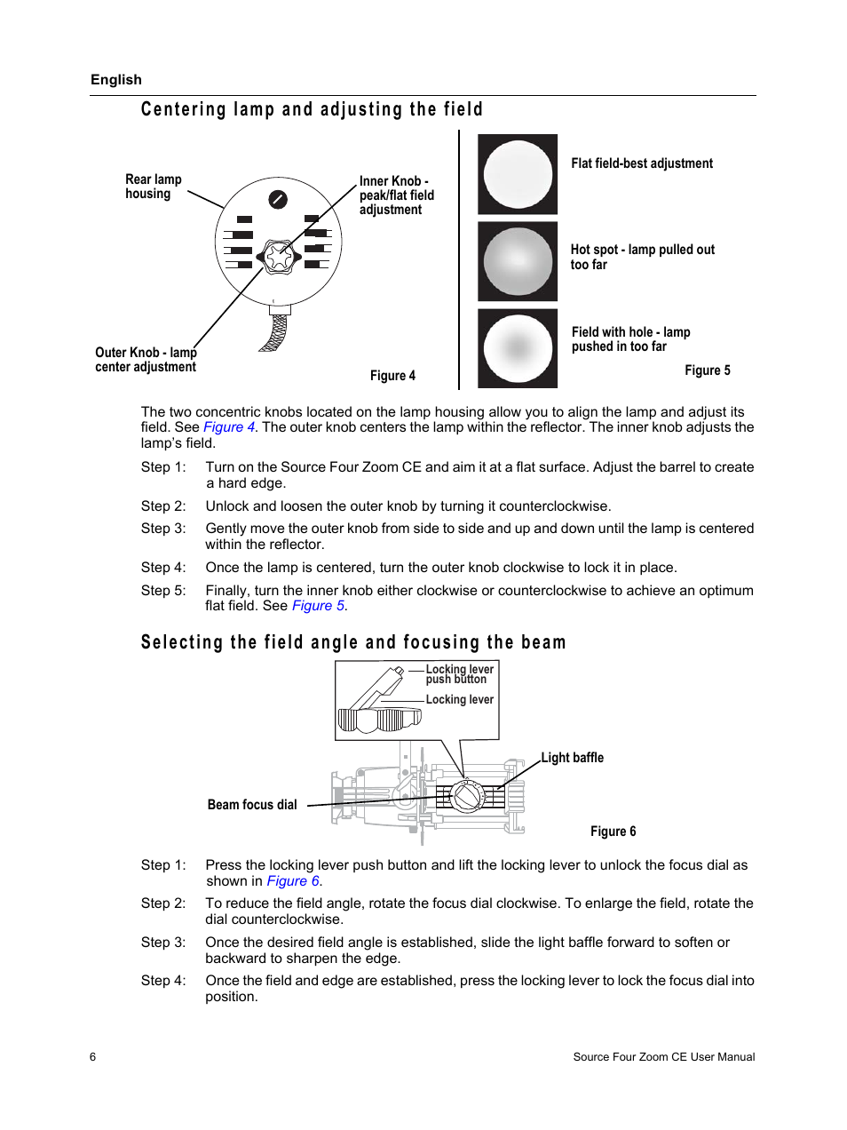 Centering lamp and adjusting the field, Selecting the field angle and focusing the beam | ETC Source Four CE Zoom User Manual | Page 8 / 16