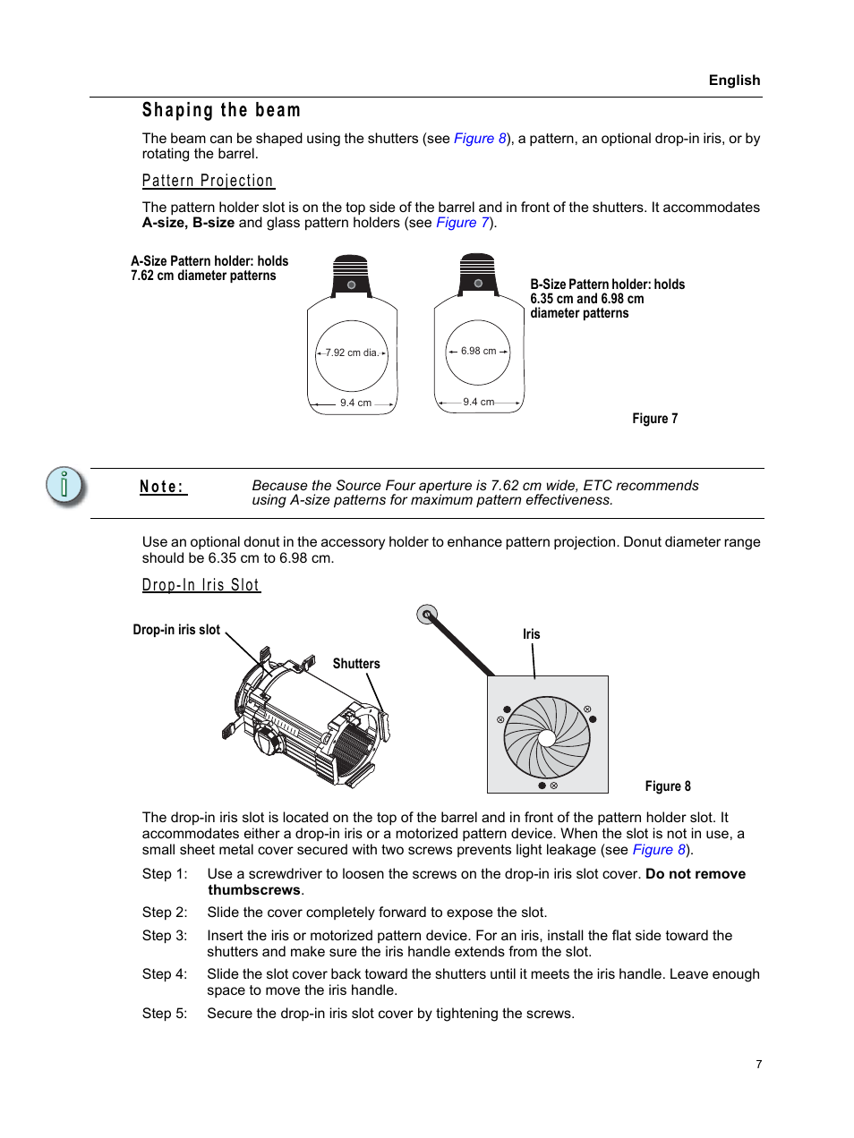 Shaping the beam, Pattern projection, Drop-in iris slot | N o t e | ETC Source Four CE Zoom User Manual | Page 9 / 16