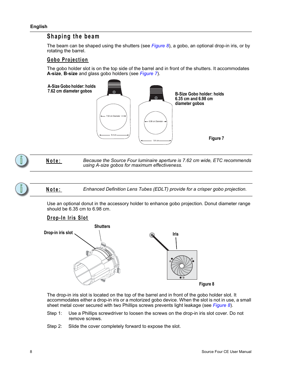 Shaping the beam, Gobo projection, Drop-in iris slot | N o t e | ETC Source Four CE User Manual | Page 10 / 16