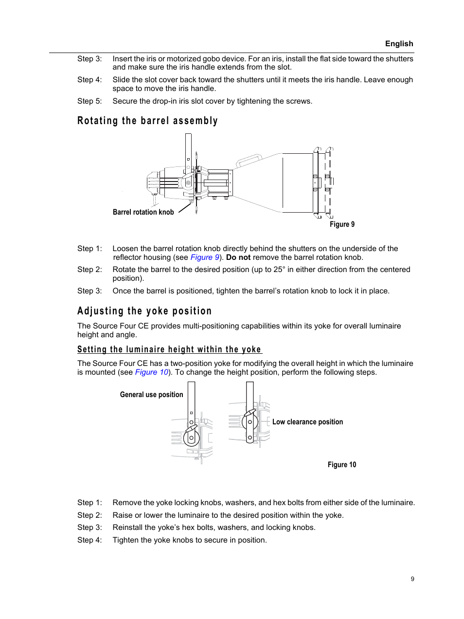 Rotating the barrel assembly, Adjusting the yoke position, Setting the luminaire height within the yoke | ETC Source Four CE User Manual | Page 11 / 16