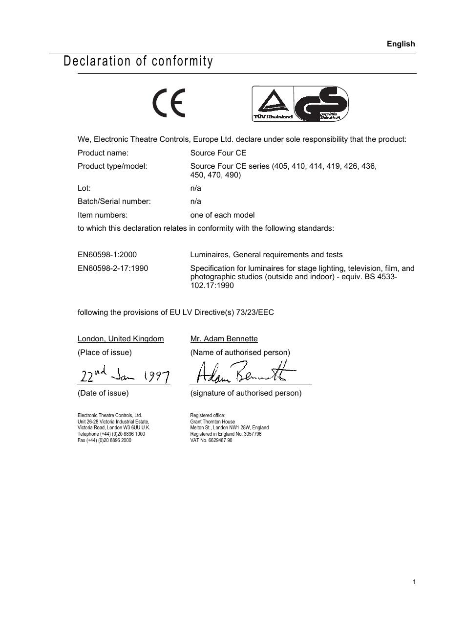 Declaration of conformity | ETC Source Four CE User Manual | Page 3 / 16