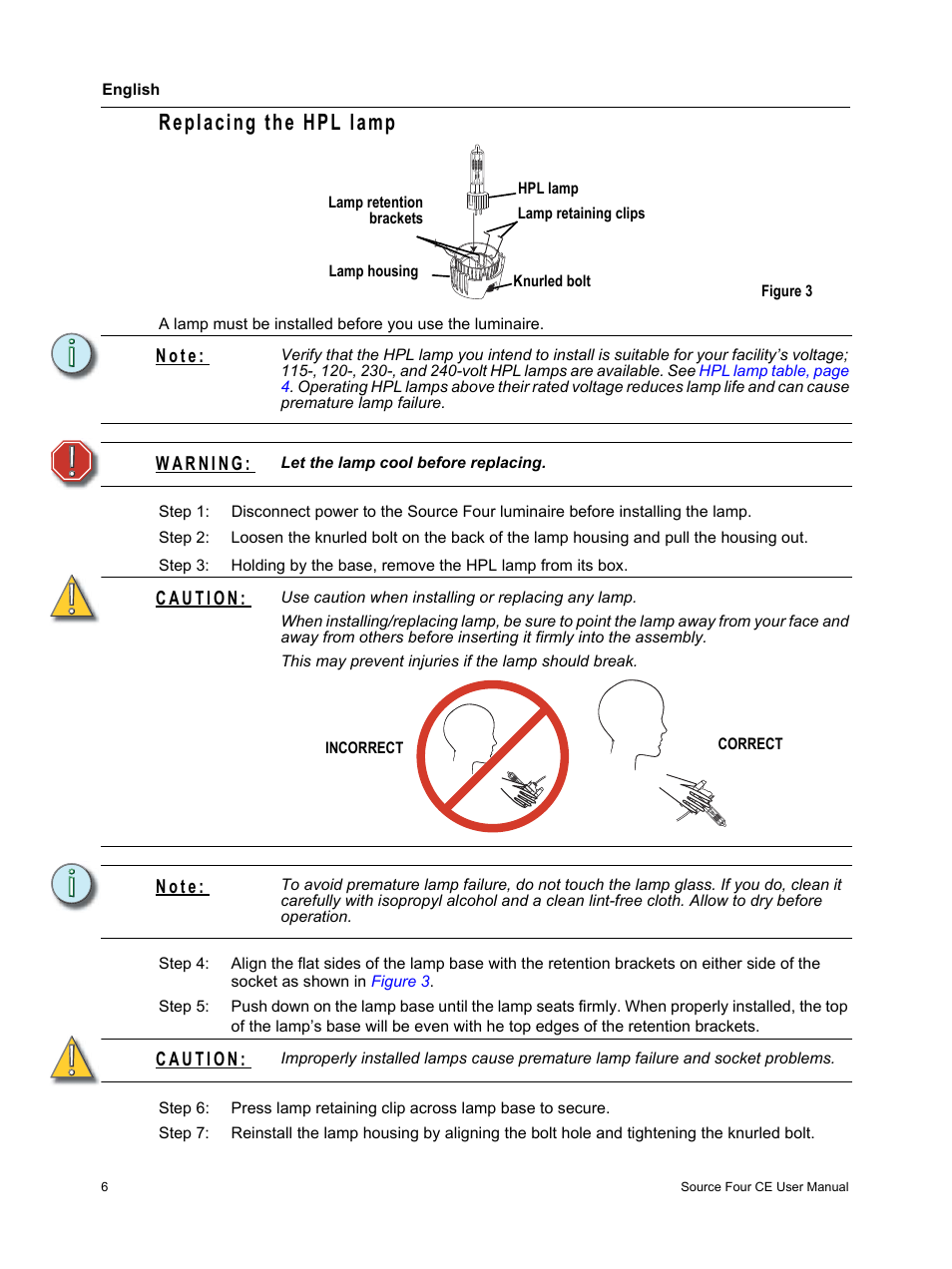 Replacing the hpl lamp, N o t e | ETC Source Four CE User Manual | Page 8 / 16