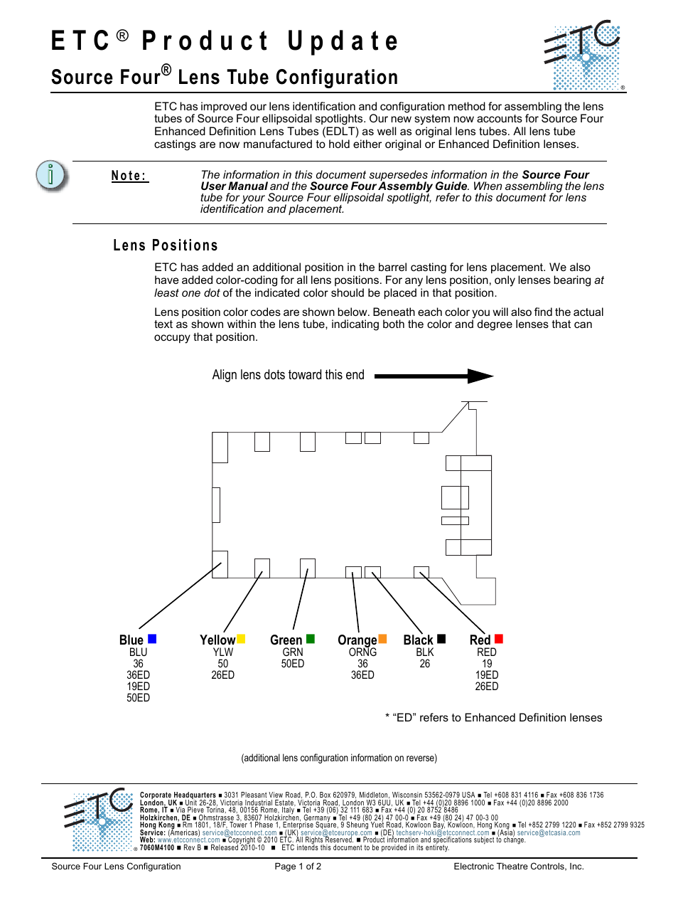 ETC Source Four Lens Tube Configuration Update User Manual | 2 pages