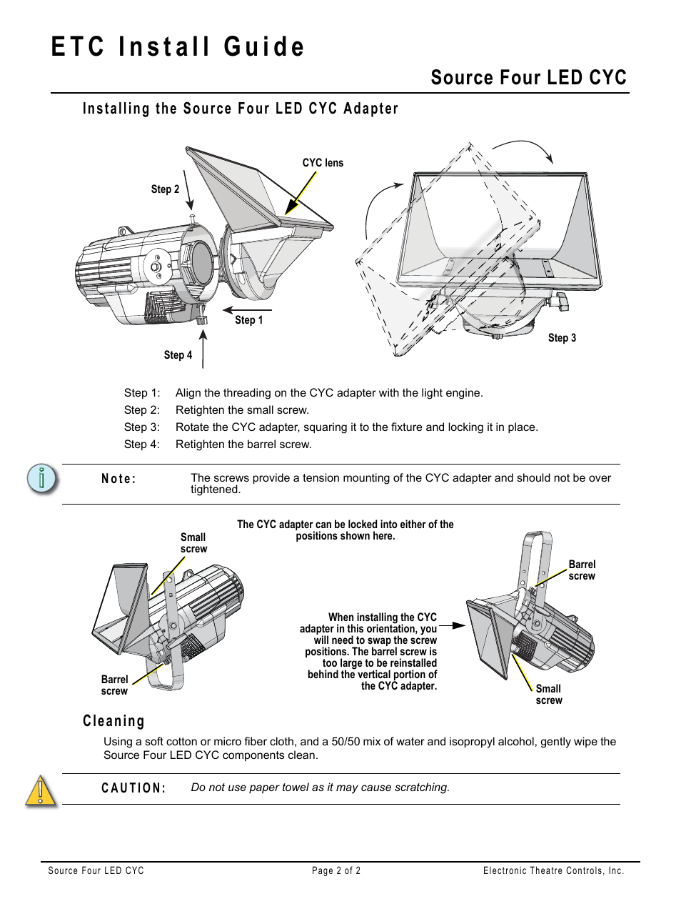 Installing the source four led cyc adapter, Cleaning, Source four led cyc | ETC Source Four LED CYC User Manual | Page 2 / 2