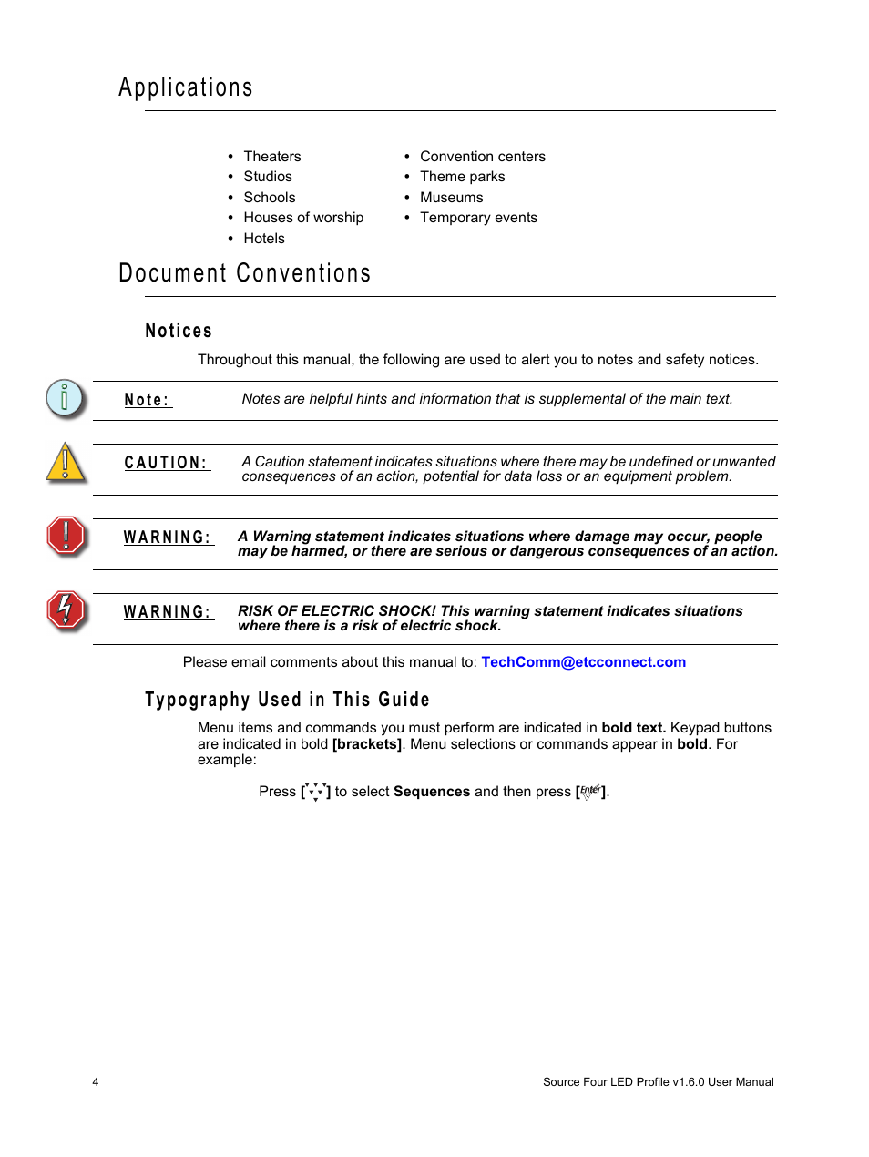 Applications, Document conventions, Notices | Typography used in this guide, Notices typography used in this guide, Applications document conventions | ETC Source Four LED v1.6.0 User Manual User Manual | Page 10 / 100
