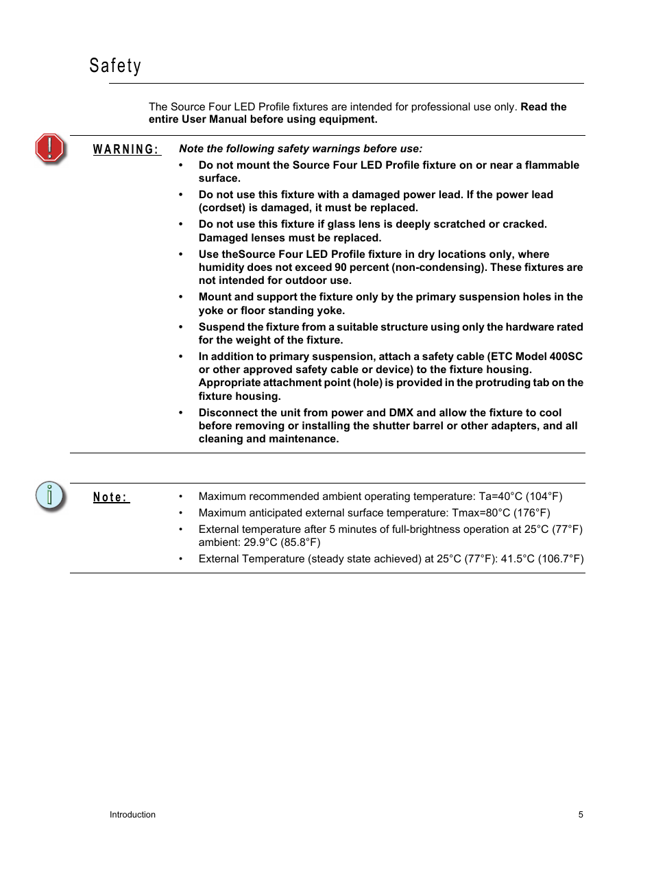 Safety, N o t e | ETC Source Four LED v1.6.0 User Manual User Manual | Page 11 / 100