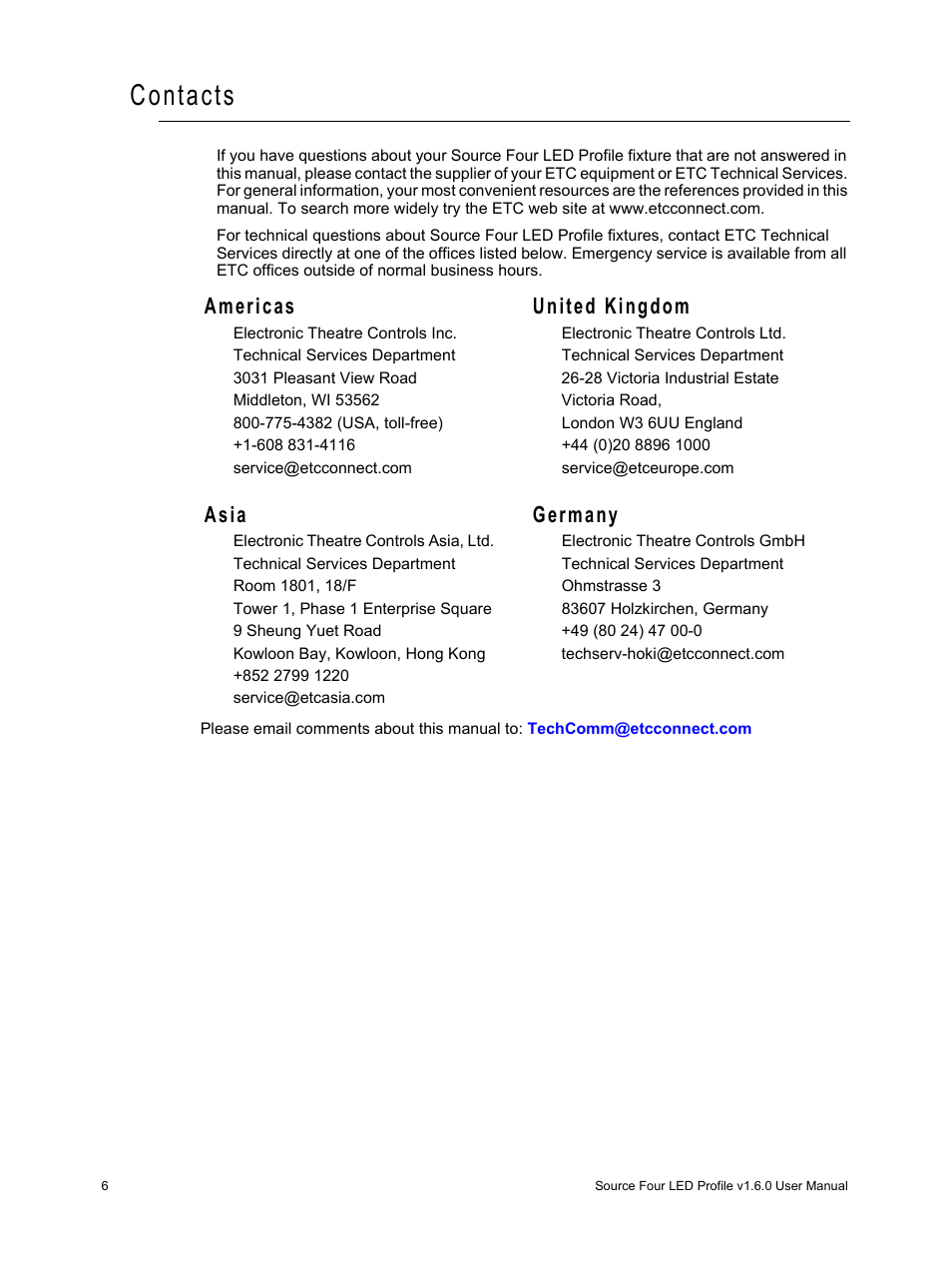 Contacts, Americas united kingdom, Asia germany | ETC Source Four LED v1.6.0 User Manual User Manual | Page 12 / 100