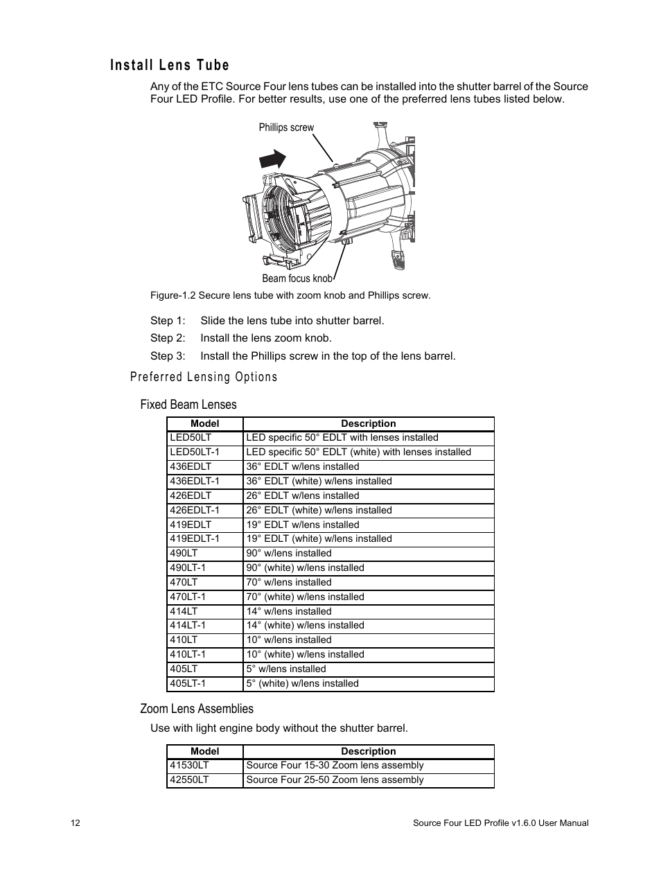 Install lens tube, Preferred lensing options | ETC Source Four LED v1.6.0 User Manual User Manual | Page 18 / 100