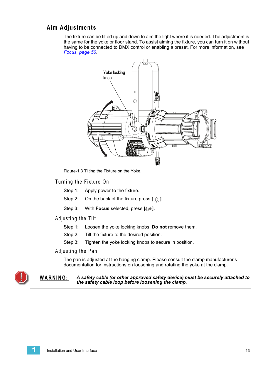 Aim adjustments, Turning the fixture on, Adjusting the tilt | Adjusting the pan | ETC Source Four LED v1.6.0 User Manual User Manual | Page 19 / 100