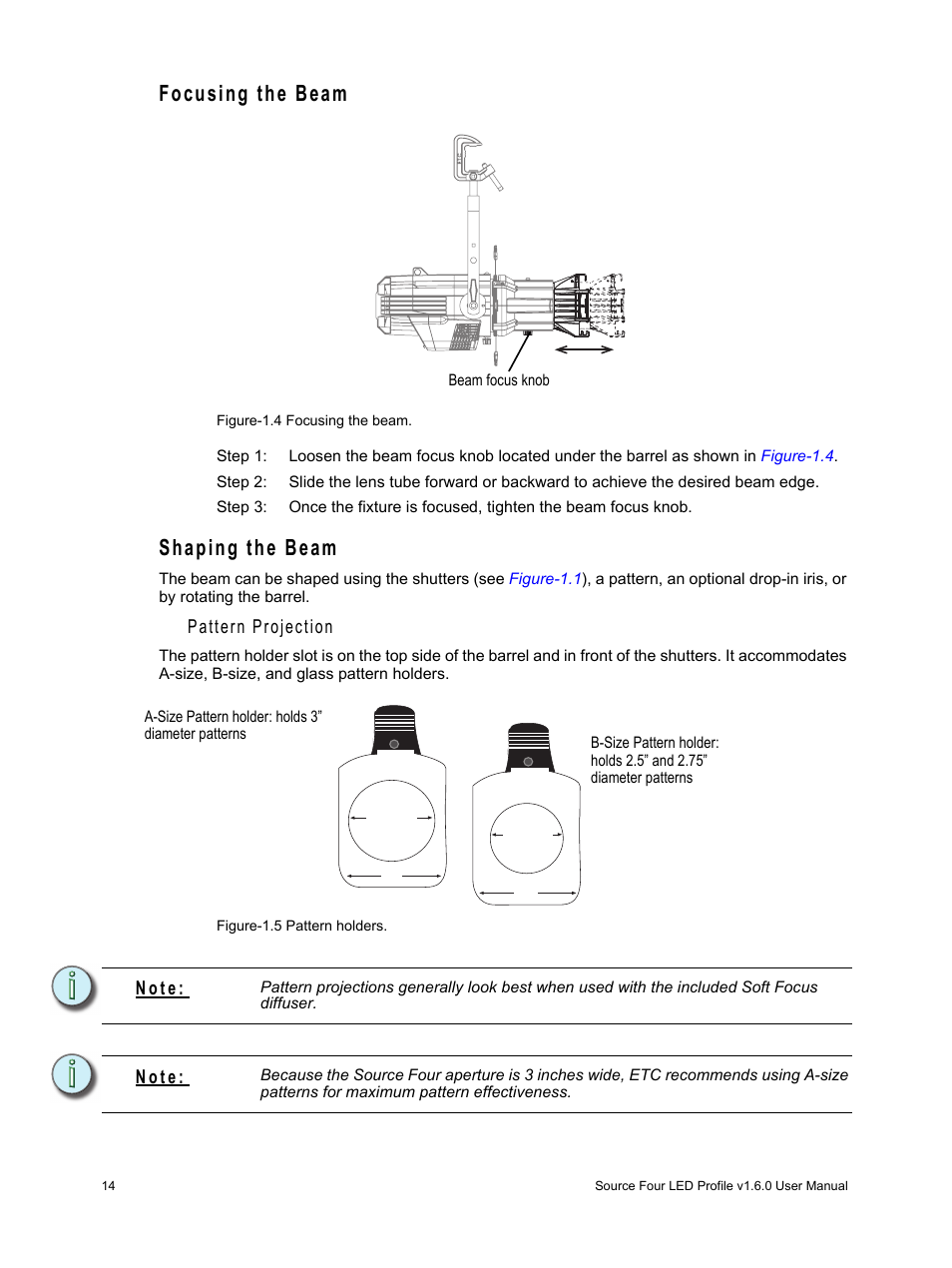 Focusing the beam, Shaping the beam, Pattern projection | Focusing the beam shaping the beam, N o t e | ETC Source Four LED v1.6.0 User Manual User Manual | Page 20 / 100