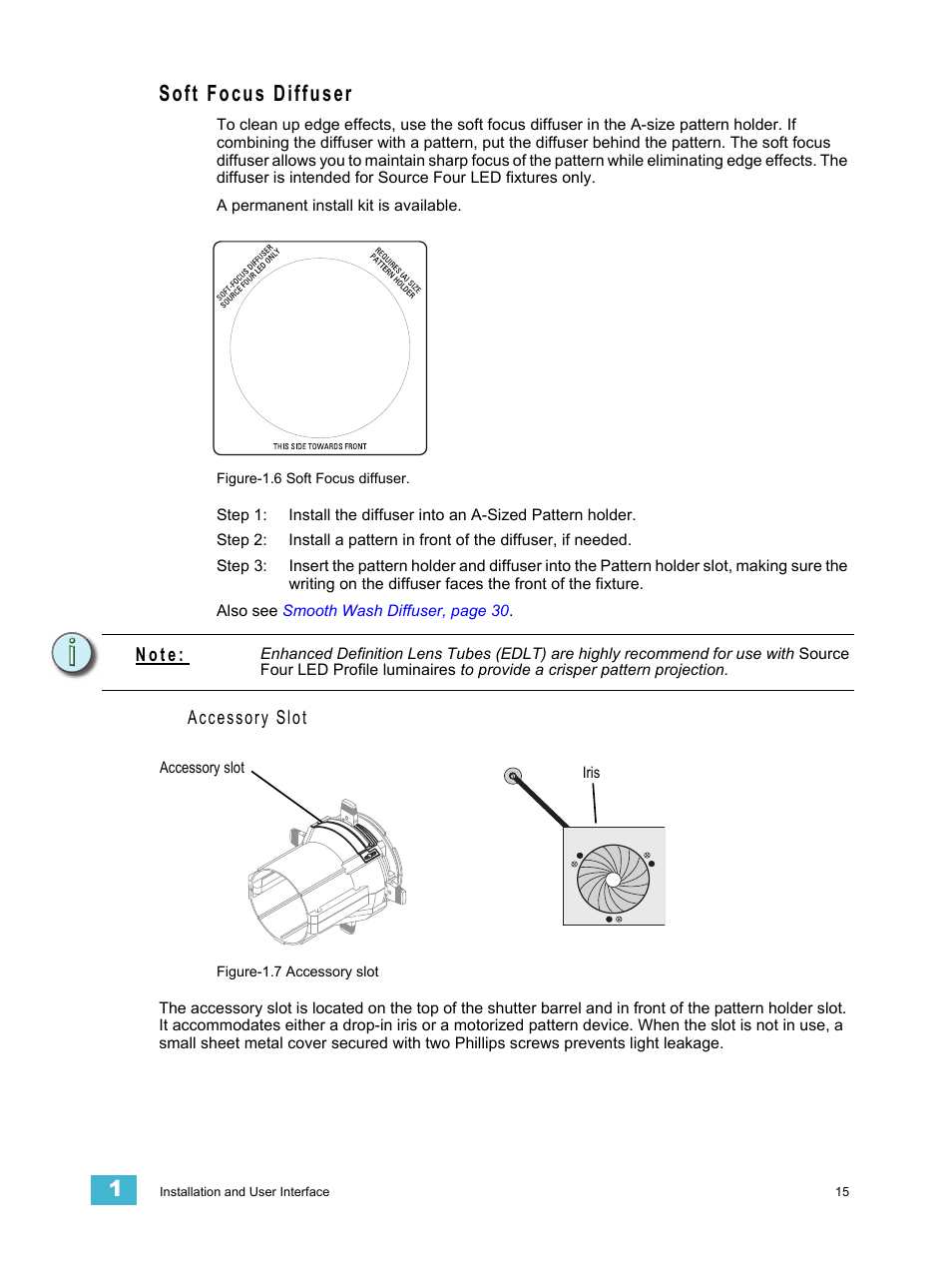 Soft focus diffuser, Accessory slot, N o t e | ETC Source Four LED v1.6.0 User Manual User Manual | Page 21 / 100