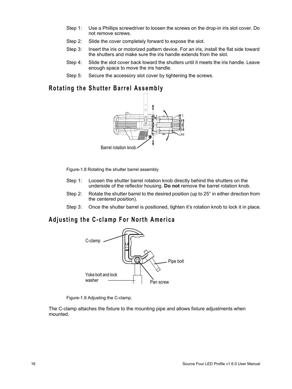 Rotating the shutter barrel assembly, Adjusting the c-clamp for north america | ETC Source Four LED v1.6.0 User Manual User Manual | Page 22 / 100