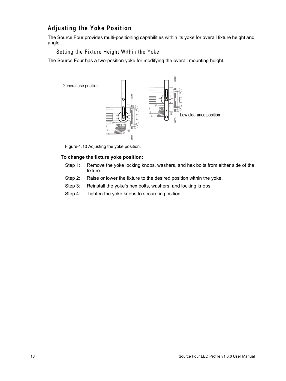 Adjusting the yoke position, Setting the fixture height within the yoke | ETC Source Four LED v1.6.0 User Manual User Manual | Page 24 / 100