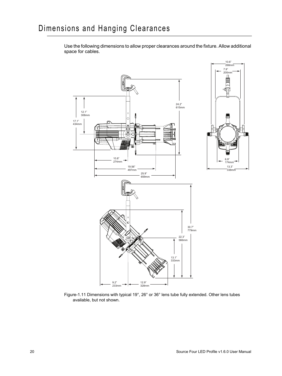 Dimensions and hanging clearances | ETC Source Four LED v1.6.0 User Manual User Manual | Page 26 / 100