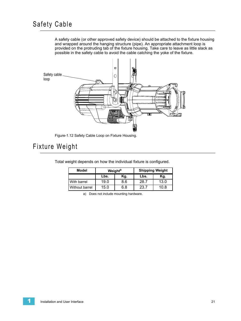 Safety cable, Fixture weight | ETC Source Four LED v1.6.0 User Manual User Manual | Page 27 / 100