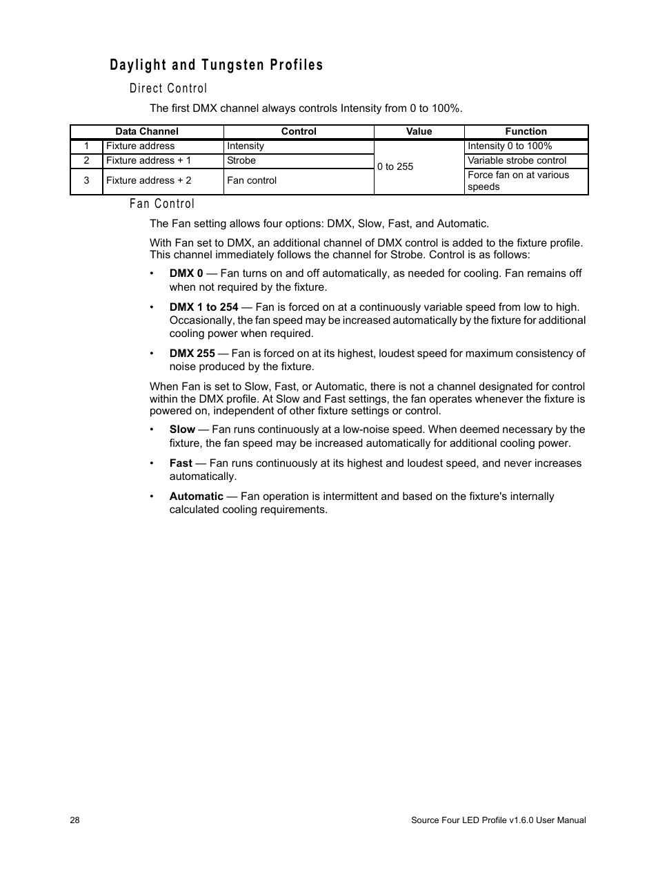 Daylight and tungsten profiles, Direct control, Fan control | ETC Source Four LED v1.6.0 User Manual User Manual | Page 34 / 100