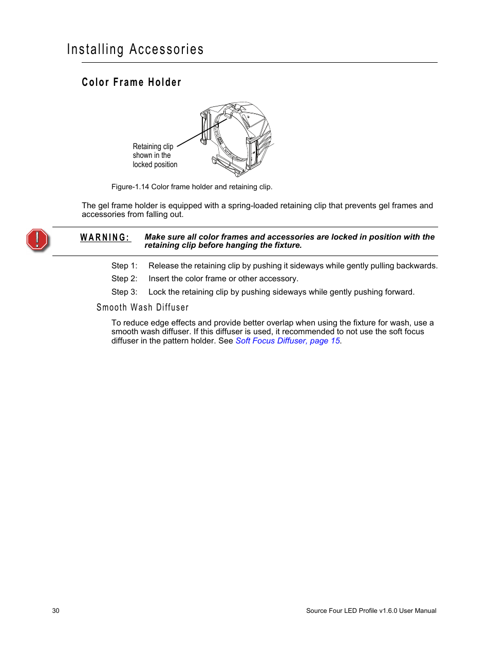 Installing accessories, Color frame holder, Smooth wash diffuser | ETC Source Four LED v1.6.0 User Manual User Manual | Page 36 / 100