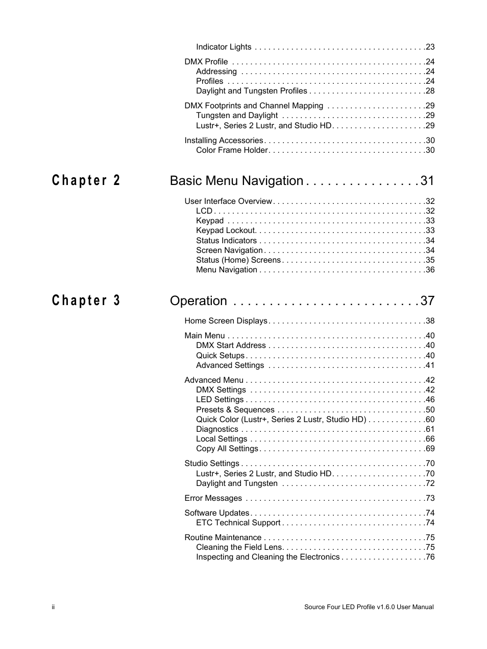 Basic menu navigation, Operation | ETC Source Four LED v1.6.0 User Manual User Manual | Page 4 / 100