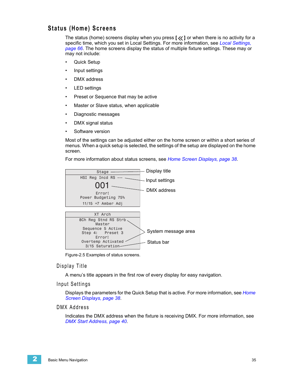 Status (home) screens, Display title, Input settings | Dmx address | ETC Source Four LED v1.6.0 User Manual User Manual | Page 41 / 100