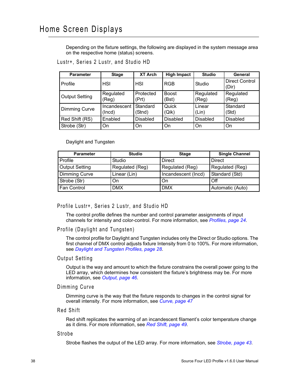 Home screen displays, Lustr+, series 2 lustr, and studio hd, Profile lustr+, series 2 lustr, and studio hd | Profile (daylight and tungsten), Output setting, Dimming curve, Red shift, Strobe, Home | ETC Source Four LED v1.6.0 User Manual User Manual | Page 44 / 100
