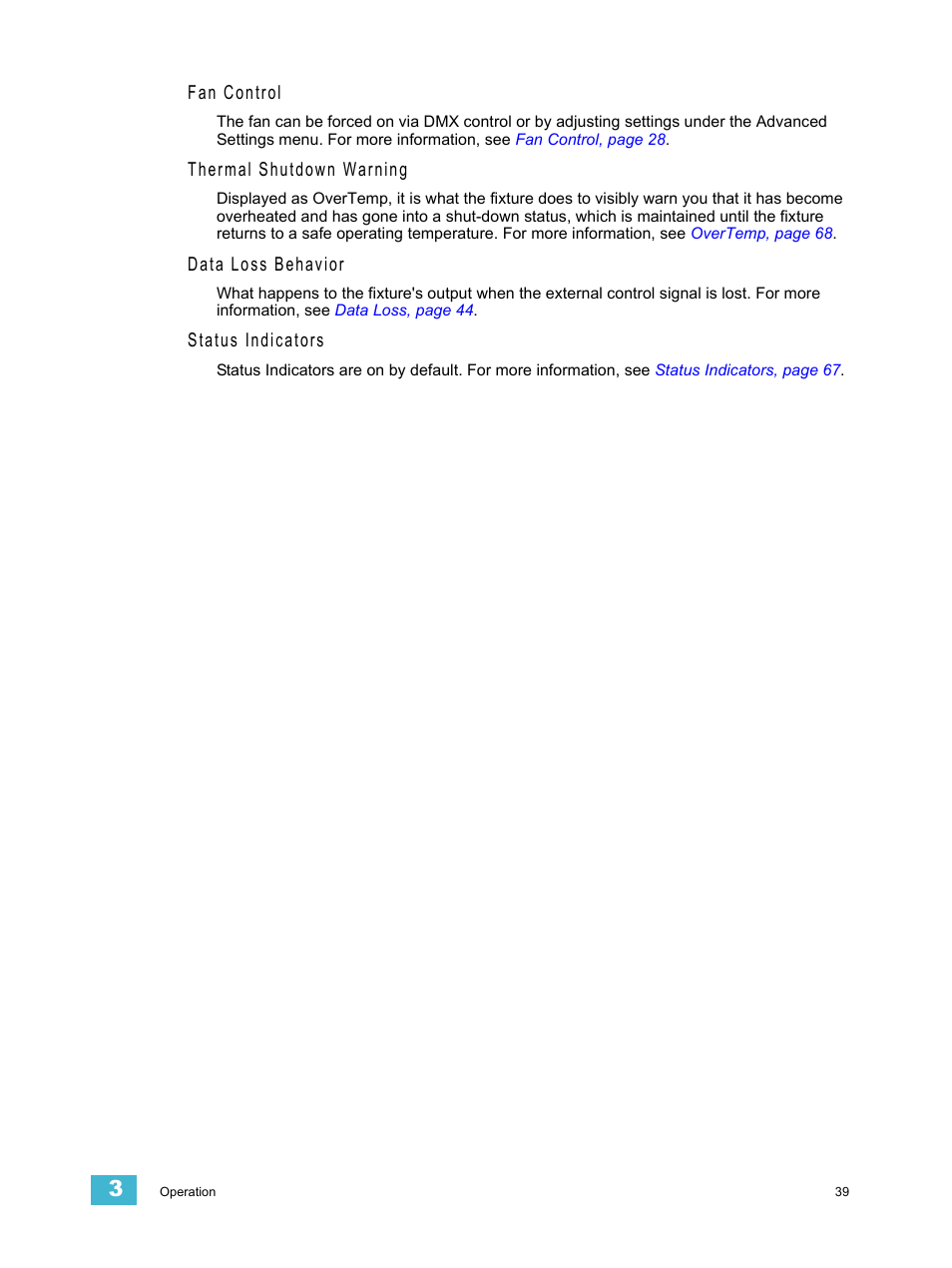 Fan control, Thermal shutdown warning, Data loss behavior | Status indicators | ETC Source Four LED v1.6.0 User Manual User Manual | Page 45 / 100