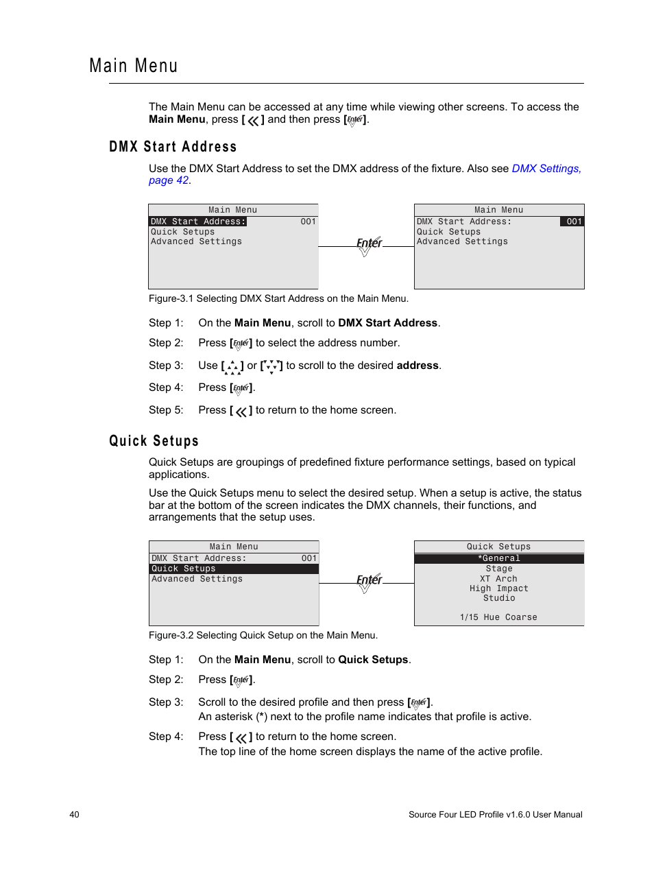 Main menu, Dmx start address, Quick setups | Dmx start address quick setups | ETC Source Four LED v1.6.0 User Manual User Manual | Page 46 / 100